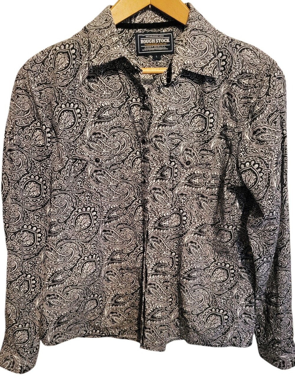 Rough Stock Panhandle Slim Womens Black Paisley 100% Cotton Western Snap Shirt L